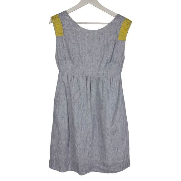 J Crew Sleeveless Linen Dress size 2 Blue Yellow Embroidered Pockets - Picture 1 of 9